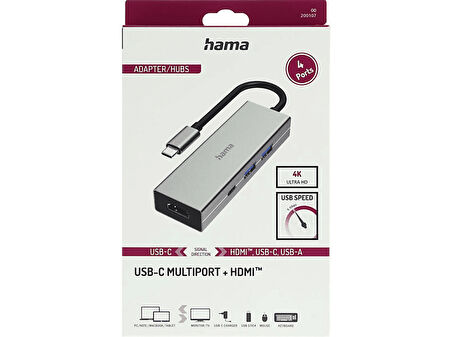 HAMA HM.200107 USB-C 3.2 Adaptör, 2xUSB-A, 1xUSB-C, 1xHDMI USB Hub Gri