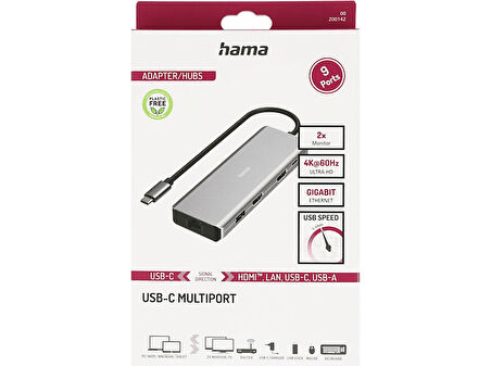 HAMA HM.200142 USB-C-Hub,9 Ports, 2x HDMI,USB-A,USB-C,LAN USB Hub Gri