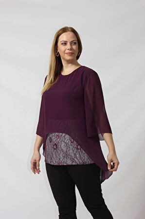 4048 Şifon -Simli Dantel Kombinli Büyük Beden Bluz Mürdüm