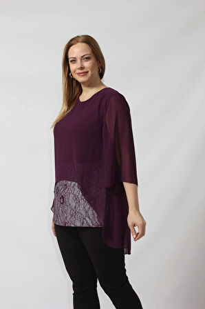 4048 Şifon -Simli Dantel Kombinli Büyük Beden Bluz Mürdüm