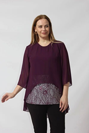 4048 Şifon -Simli Dantel Kombinli Büyük Beden Bluz Mürdüm