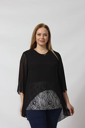 4048  Şifon -Simli  Dantel Kombinli Büyük Beden Bluz