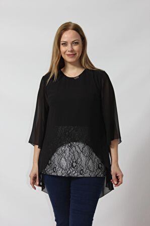 4048  Şifon -Simli  Dantel Kombinli Büyük Beden Bluz