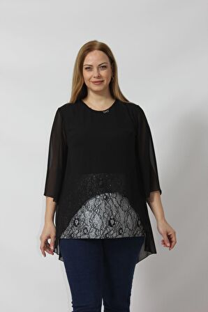 4048  Şifon -Simli  Dantel Kombinli Büyük Beden Bluz