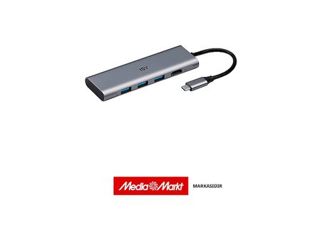 ISY IAD-0016-1 USB-C to 3x USB-A & HDMI PD USB-C Adaptörü, Gümüş Alüminyum