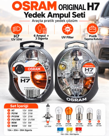 OSRAM Original H7 Yedek Ampul Seti 12V 55W – 6 Ampul + 3 Sigorta, Taşıma Kutulu