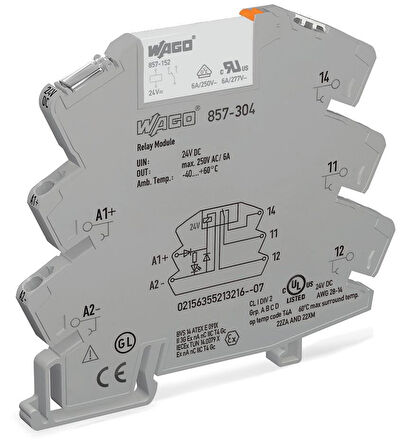 WAGO 857-304 24VDC 6A 2,5mm² 1 Kontakt Slim Röle göstergeli; gri