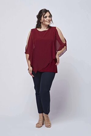 4050 Bordo Taşlı Pelerinli Şifon Büyük Beden Şık Bluz
