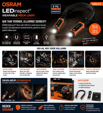 OSRAM LEDinspect LEDIL413 Şarjlı Boyun Lambası 265 Lümen Eller Serbest Çalışma Feneri