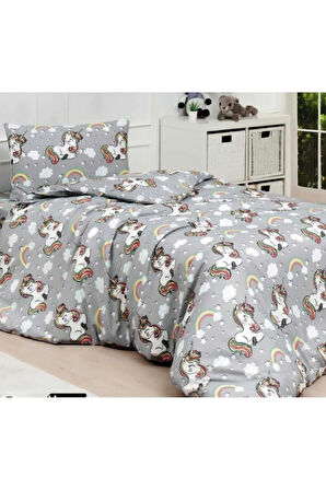 Gri Unicorn Pamuklu Kumaş Tek Kişilik Lastikli Çarşaf Takımı