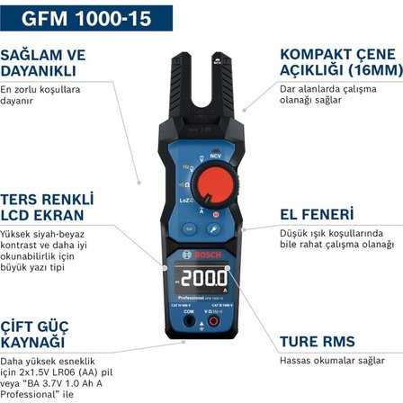 Bosch Professional GFM 1000-15 Çatal Tip Ampermetre (1000V - 200A - True RMS) - 0601077400