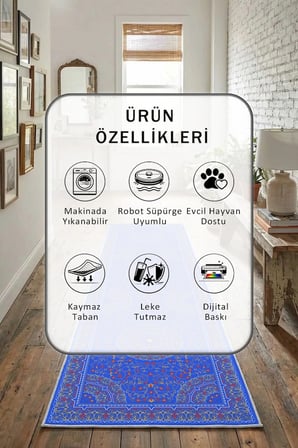 Yıkanabilir Kaymaz A-15 Dijital Baskılı Yolluk Halı Tüy Tutmaz Mavi
