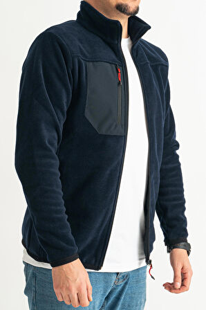 Souris Erkek Lacivert Dar Kalıp Tüylenme Yapmayan Tam Fermuar Softshell Garnili Polar Sweatshirt