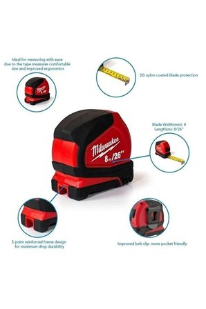 Orjinal Milwaukee T4932459596 Ağır Hizmet Tipi Pro Kompakt Şerit Metre 8m/26ft