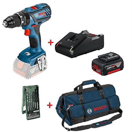 Bosch GSB 18V-28 Vidalama SOLO - 06019H4000 + 18V  Akü Seti 1x4.0 Ah  GAL 18V-40 Şarj + Bosch L Beden Çanta + X-Line 15 Parça Mini Aksesuar