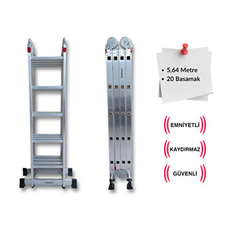 Endokon 5,64 Metre - 20 Basamaklı Katlanır Akrobat Merdiven - Büyük Menteşe - Kalın Profil