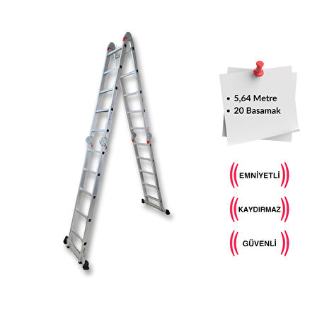 Endokon 5,64 Metre - 20 Basamaklı Katlanır Akrobat Merdiven - Büyük Menteşe - Kalın Profil