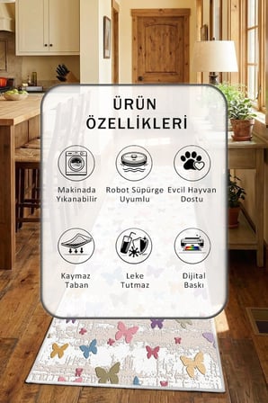 Lascax Dekoratif Beyaz Modern Mutfak Halısı Yıkanabilir Kaymaz Su İtici