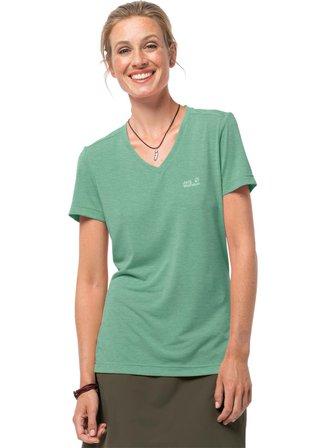 Jack Wolfskin V Yaka Kısa Kollu BaskılıYeşil Kadın T-Shirt
