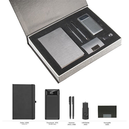 VIP Hediyelik Set - Powerbank, Defter, Kalem, USB Bellek ve Kartvizitlik - (5’li Kurumsal Seti)