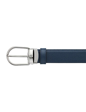 Montblanc Horseshoe Buckle Siyah\Mavi 30 mm Çift Taraflı Deri Kemer 128763