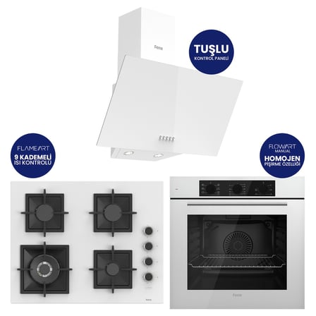 Flowart Turbolu Beyaz Cam Ankastre Set ( 65 CM Woklu OCAK ) QBL62CB - SC406 - D087