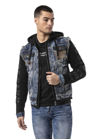 Erkek Kapüşonlu Denim Fermuarlı Sweatshirt Kollu Baskı Detaylı Ceket - CJ309
