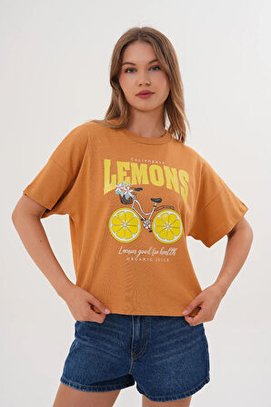 Kadın Taba Oversize California Lemons Baskılı Tişört