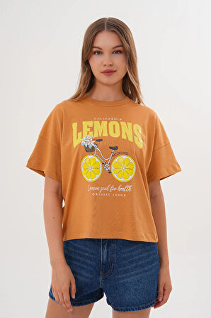 Kadın Taba Oversize California Lemons Baskılı Tişört