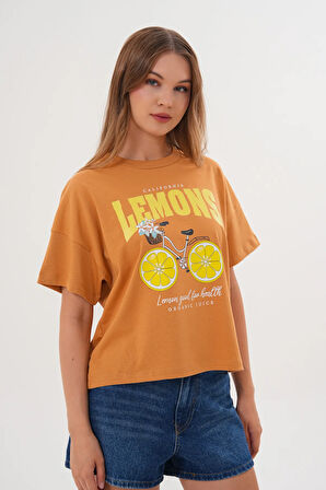 Kadın Taba Oversize California Lemons Baskılı Tişört
