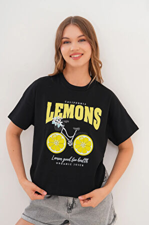 Kadın Siyah Oversize California Lemons Baskılı Tişört