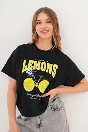 Kadın Siyah Oversize California Lemons Baskılı Tişört