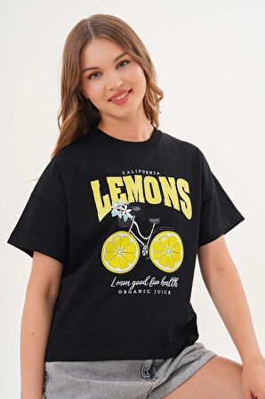 Kadın Siyah Oversize California Lemons Baskılı Tişört