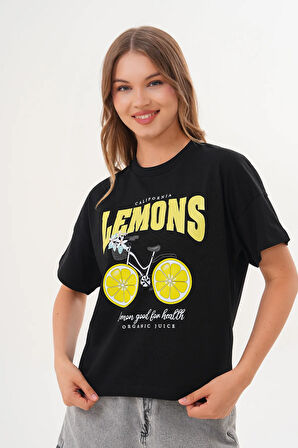 Kadın Siyah Oversize California Lemons Baskılı Tişört