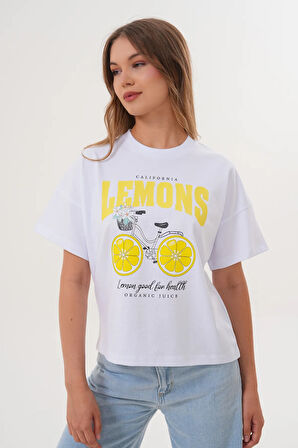 Kadın Beyaz Oversize California Lemons Baskılı Tişört