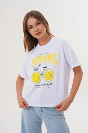 Kadın Beyaz Oversize California Lemons Baskılı Tişört