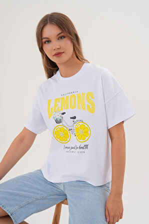 Kadın Beyaz Oversize California Lemons Baskılı Tişört