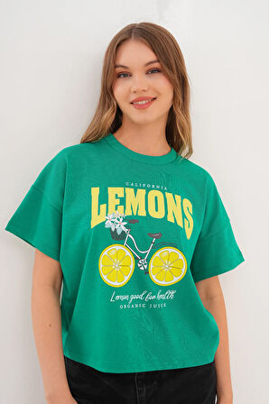 Kadın Yeşil Oversize California Lemons Baskılı Tişört
