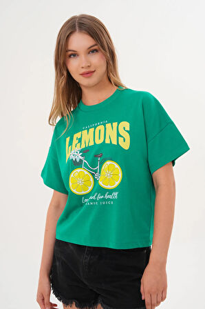 Kadın Yeşil Oversize California Lemons Baskılı Tişört