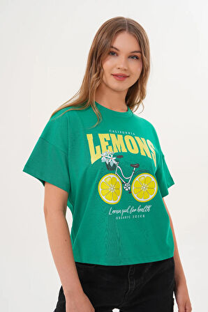 Kadın Yeşil Oversize California Lemons Baskılı Tişört