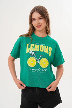 Kadın Yeşil Oversize California Lemons Baskılı Tişört