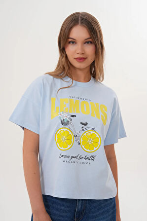 Kadın Mavi Oversize California Lemons Baskılı Tişört