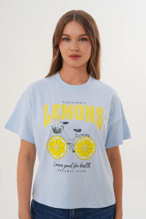 Kadın Mavi Oversize California Lemons Baskılı Tişört