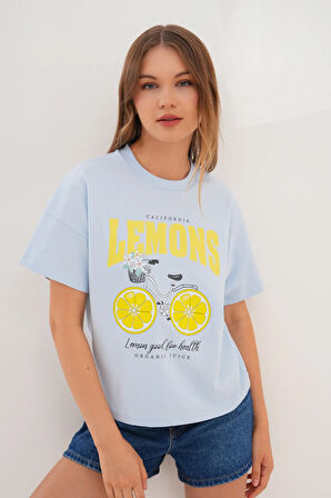Kadın Mavi Oversize California Lemons Baskılı Tişört
