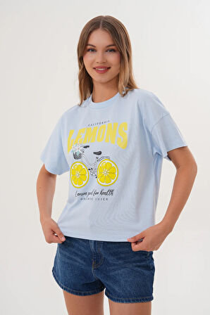 Kadın Mavi Oversize California Lemons Baskılı Tişört