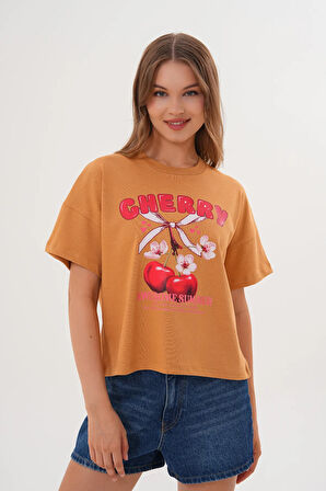 Kadın Taba Oversize Cherry Awesome Summer Baskılı Tişört