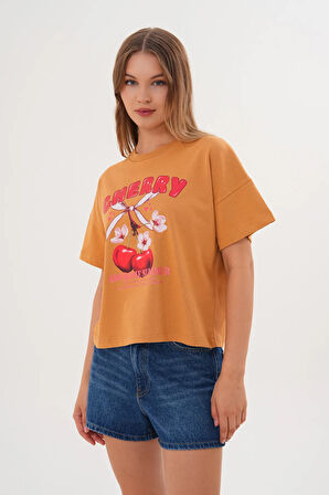 Kadın Taba Oversize Cherry Awesome Summer Baskılı Tişört
