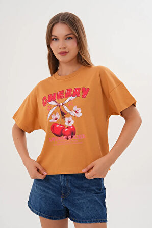 Kadın Taba Oversize Cherry Awesome Summer Baskılı Tişört