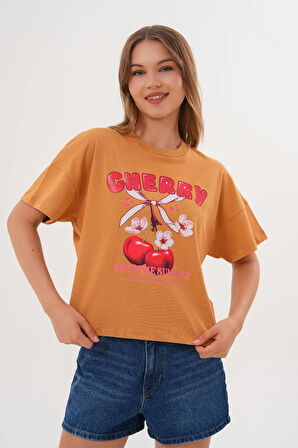 Kadın Taba Oversize Cherry Awesome Summer Baskılı Tişört