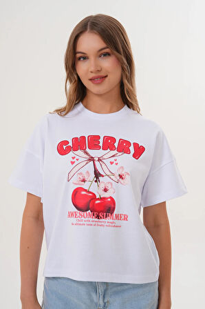 Kadın Beyaz Oversize Cherry Awesome Summer Baskılı Tişört